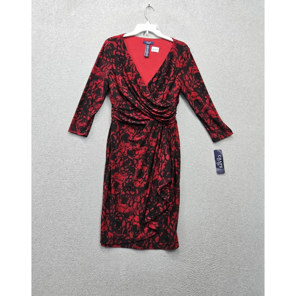 Chaps Women Dress M Red Floral Knee Length Sheath Romantic Ruched Faux Wrap NWT